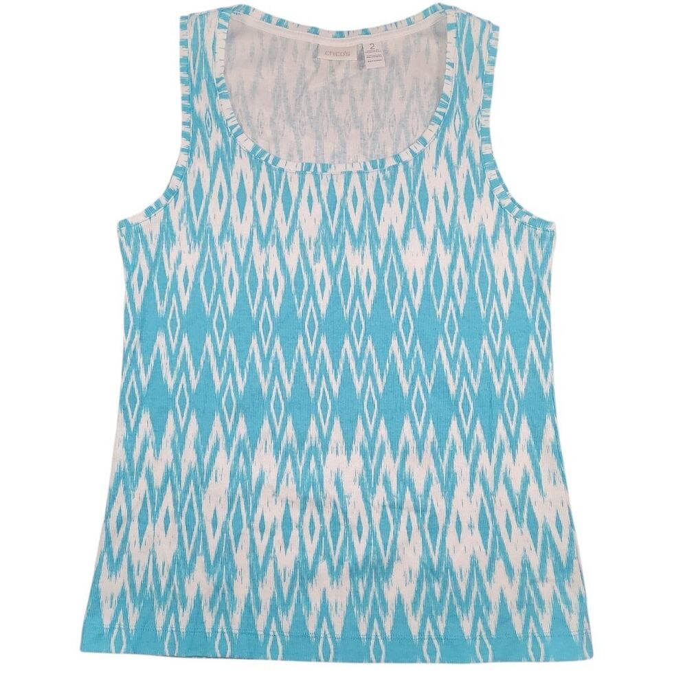 Chico’s Blue Ikat Zigzag Tank Top Size 2 Boho Coastal Chic